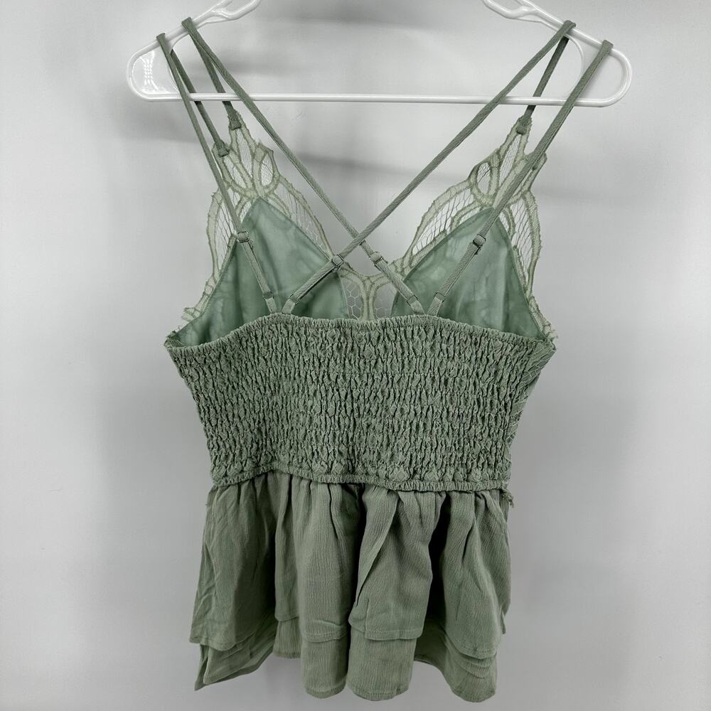 Entro Cami Peplum Blouse Floral Lace Tiered Smocked Chiffon Boho Y2K Green M - Picture 6 of 6